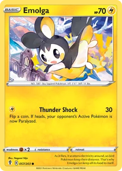 Emolga Pokemon card from Evolving Skies, card number 57
