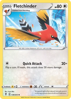 Fletchinder Pokemon card from Evolving Skies, card number 139