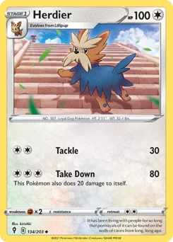 Herdier Pokemon card from Evolving Skies, card number 134