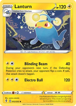 Lanturn Pokemon card from Evolving Skies, card number 53