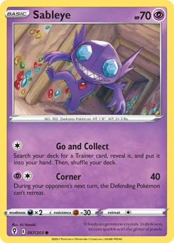 Sableye Pokemon card from Evolving Skies, card number 67