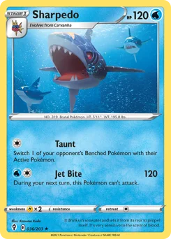 Sharpedo Pokemon card from Evolving Skies, card number 36