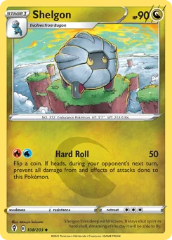Shelgon Pokemon card from Evolving Skies, card number 108