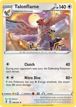 Talonflame Pokemon card from Evolving Skies, card number 140