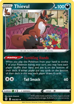 Thievul Pokemon card from Evolving Skies, card number 105