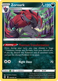 Zoroark Pokemon card from Evolving Skies, card number 103