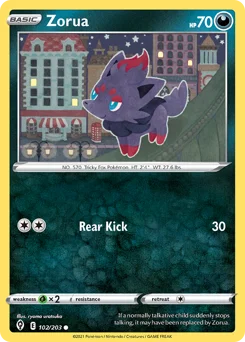 Zorua Pokemon card from Evolving Skies, card number 102