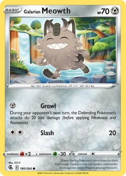 Galarian Meowth Pokemon card from Fusion Strike, card number 180
