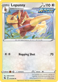 Lopunny Pokemon card from Fusion Strike, card number 213